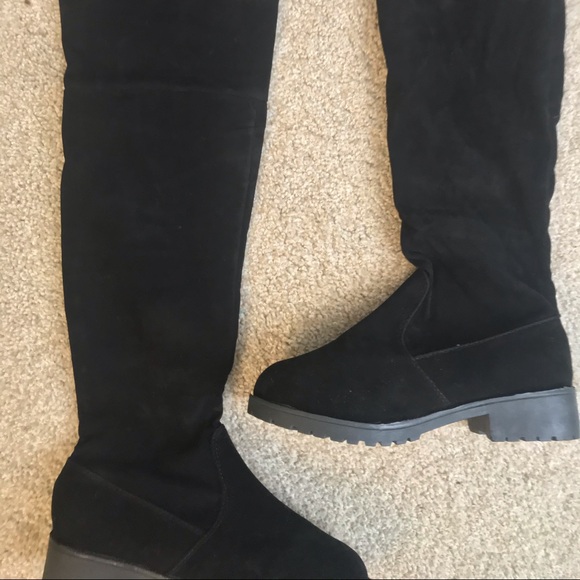 CLEARANCE RESTOCK Vegan Suede Velvet Black Sexy Flat Over Knee Line Boots - Picture 9 of 11
